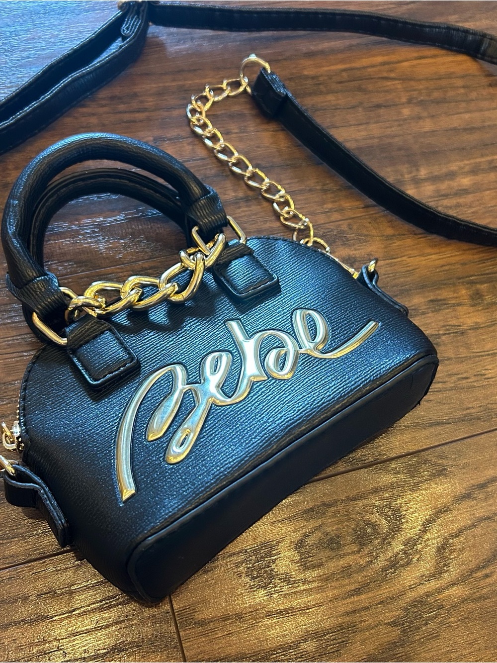 BEBE Black Mini Crossbody Purse Gold Script Logo Bag Handbag Retro Street Style